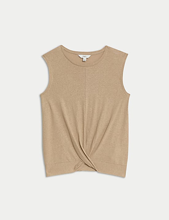 &Auml;rmelloses Oberteil aus Leinenmischgewebe mit Twist-Detail vorne