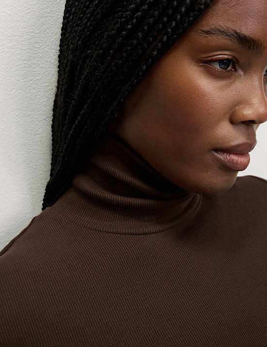 Cotton Rich Ribbed Funnel Neck Top