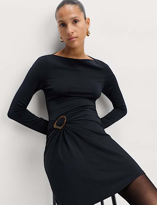Jersey Slash Neck Ruched Mini Bodycon Dress
