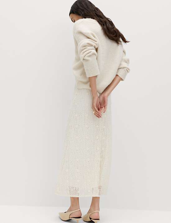 Jupe midi coupe droite en jersey et dentelle