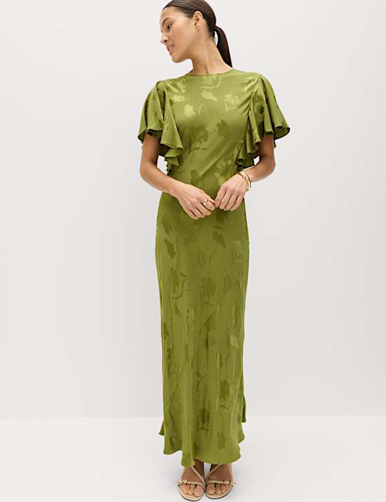 Floral Jacquard Angel Sleeve Midaxi Dress