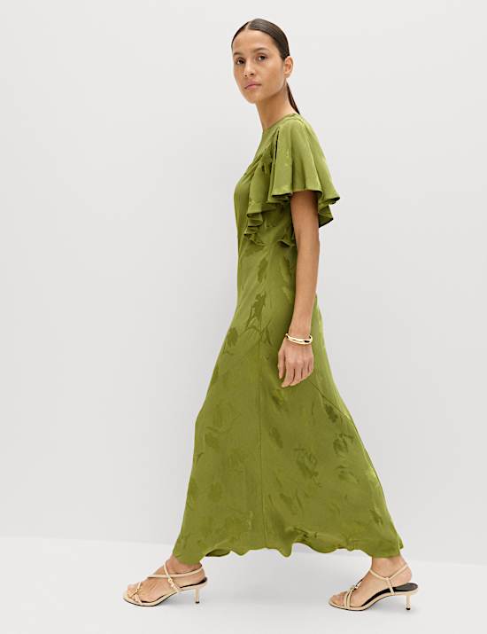 Floral Jacquard Angel Sleeve Midaxi Dress