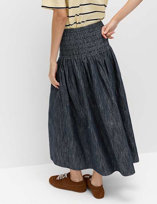 Linen Blend Denim Shirred Midaxi Drop Waist Skirt
