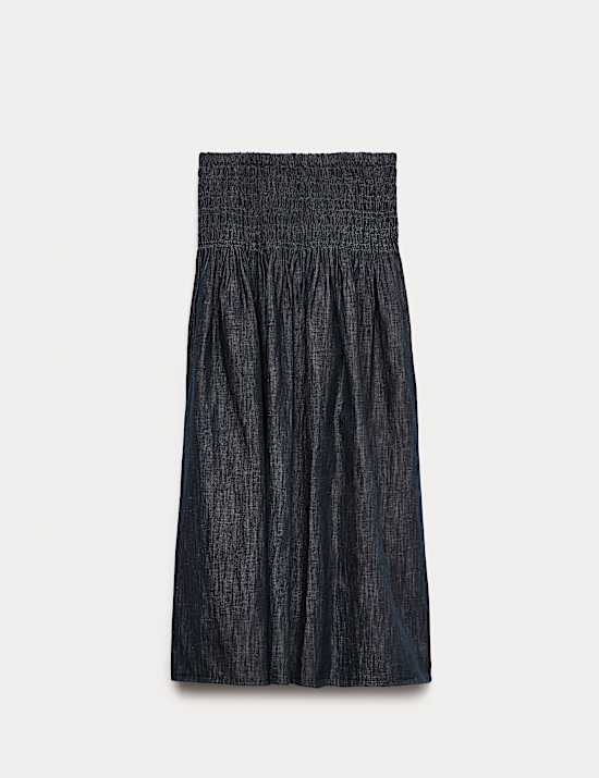 Linen Blend Denim Shirred Midaxi Drop Waist Skirt
