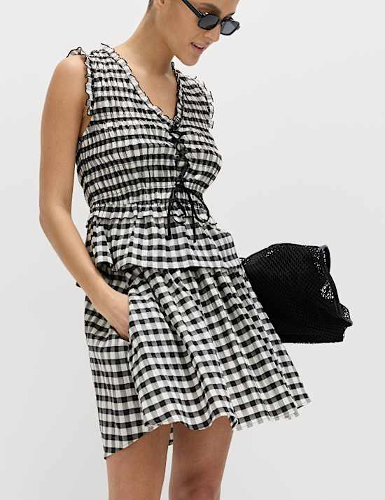 Cotton Blend Gingham Mini Circle Skirt