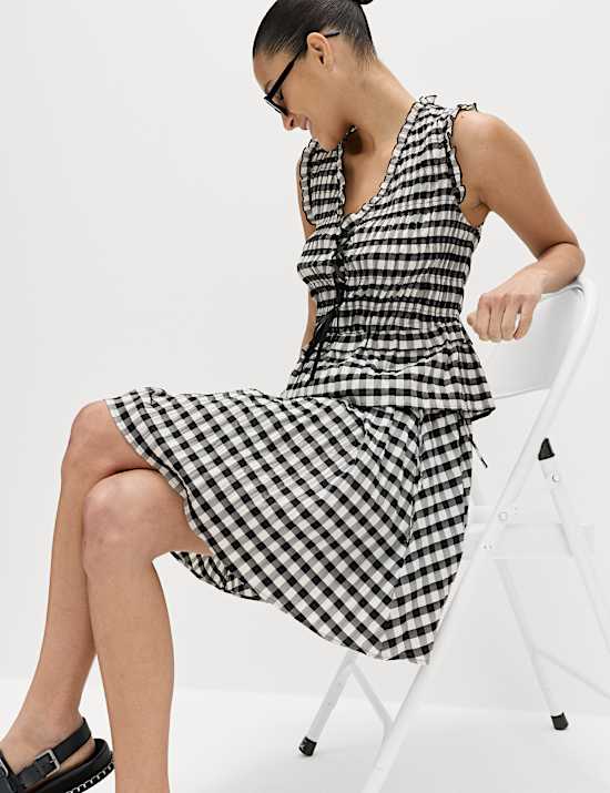 Cotton Blend Gingham Mini Circle Skirt