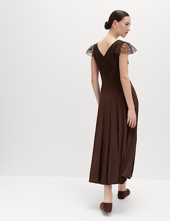 Robe midaxi coupe droite en jersey et dentelle &agrave; col en V