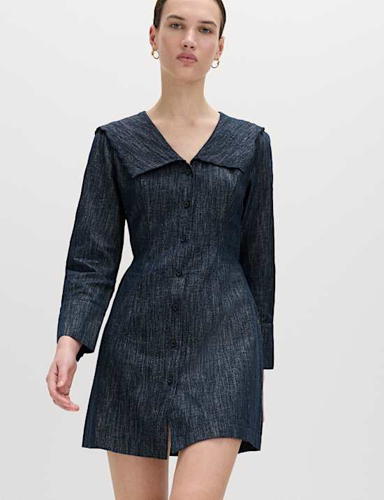 Denim Sailor Collar Mini Dress with Linen