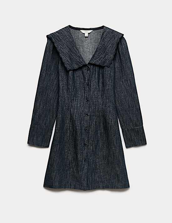 Denim Sailor Collar Mini Dress with Linen