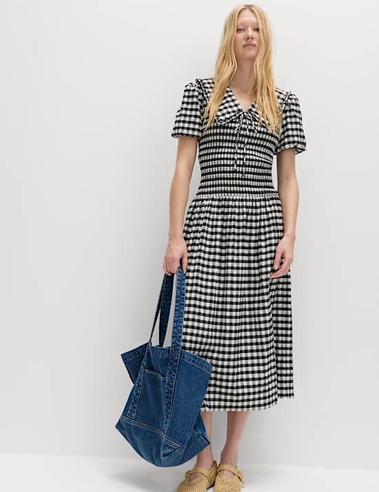 Cotton Blend Gingham Dropped Waist Midi Dress