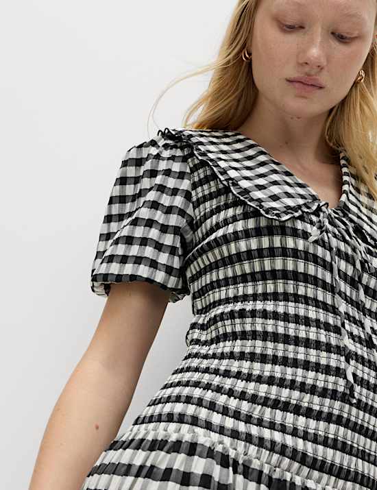 Cotton Blend Gingham Dropped Waist Midi Dress