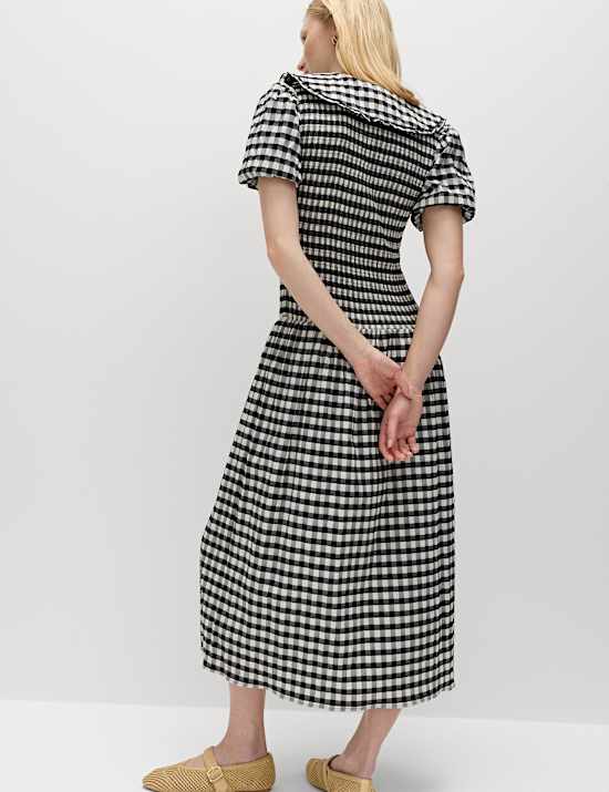 Cotton Blend Gingham Dropped Waist Midi Dress