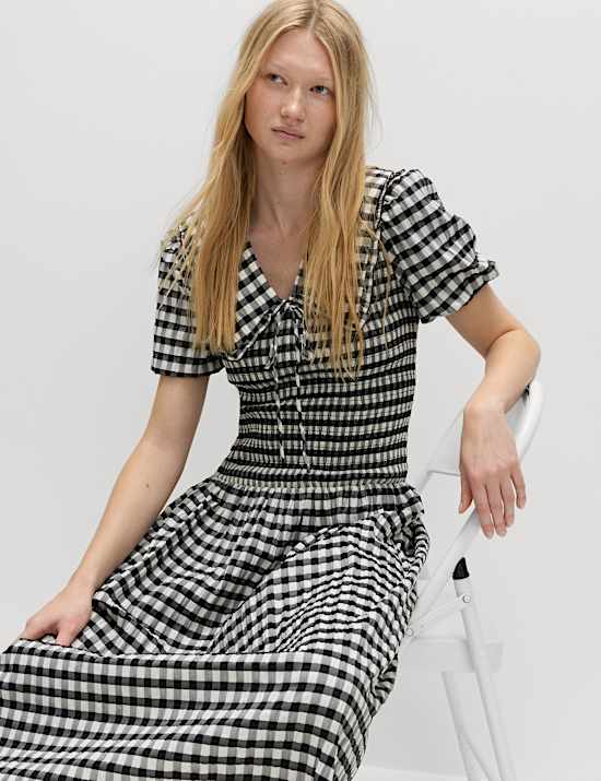 Cotton Blend Gingham Dropped Waist Midi Dress