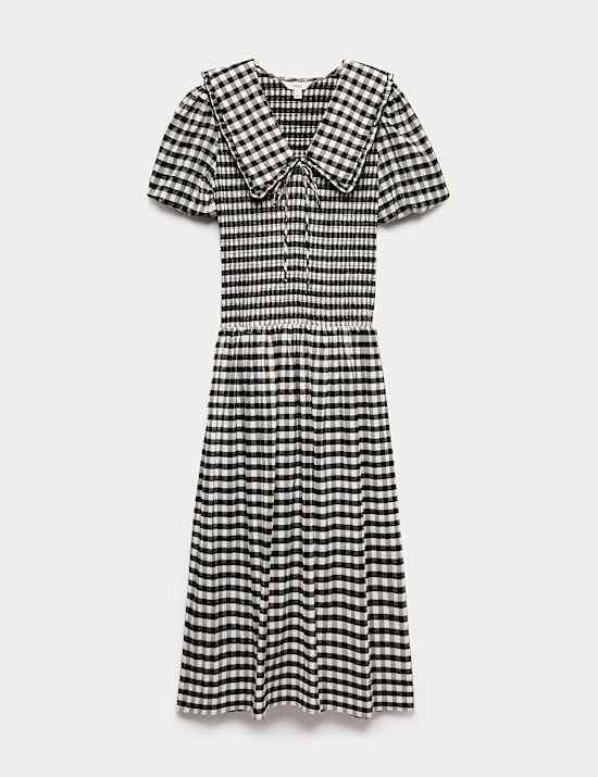 Cotton Blend Gingham Dropped Waist Midi Dress