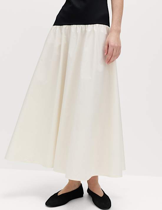 Cotton Blend Contrast Midi Drop Waist Dress