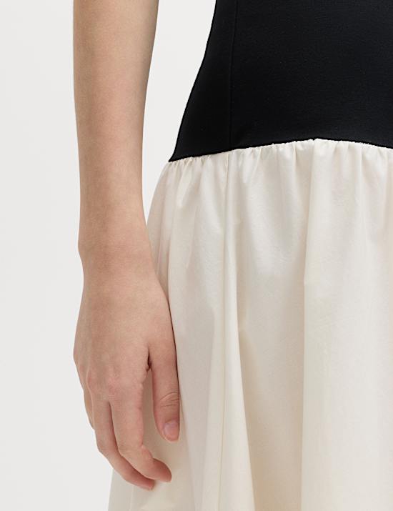 Cotton Blend Contrast Midi Drop Waist Dress