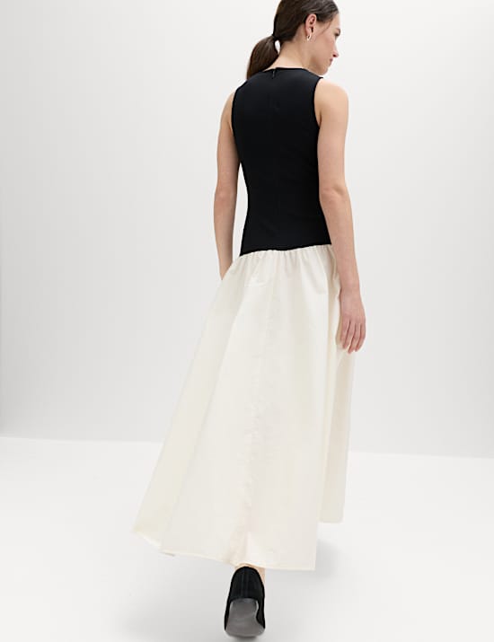 Cotton Blend Contrast Midi Drop Waist Dress