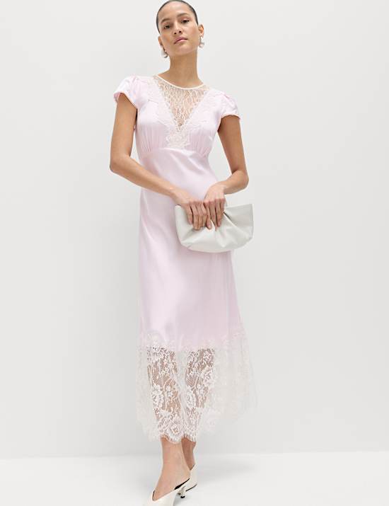 Satin Lace Insert Midi Tea Dress