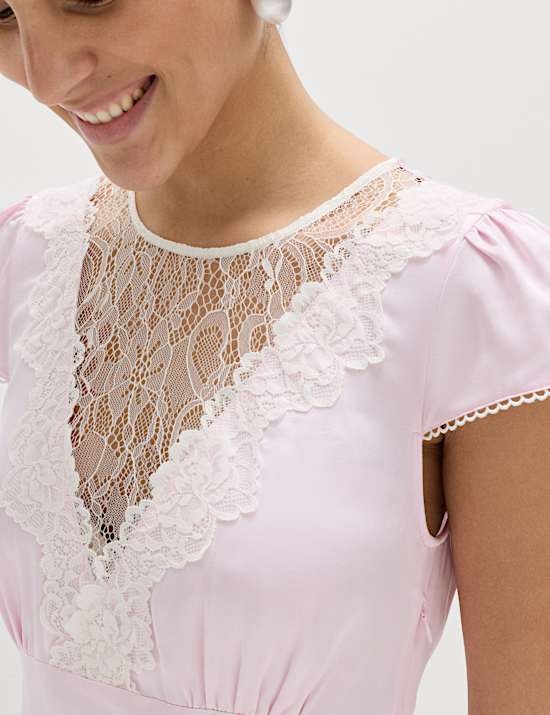 Satin Lace Insert Midi Tea Dress