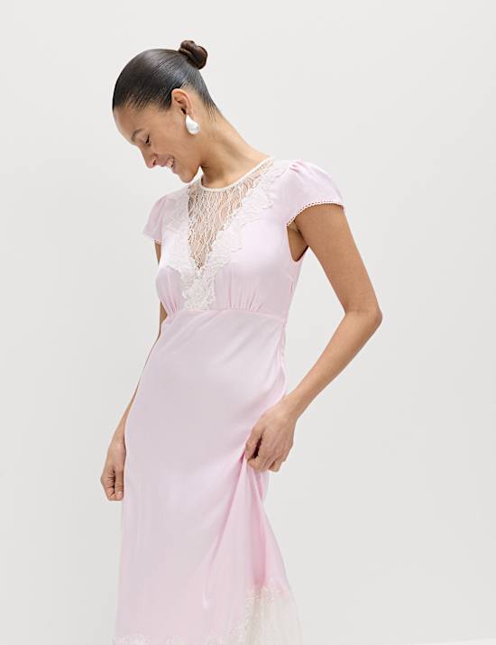 Satin Lace Insert Midi Tea Dress