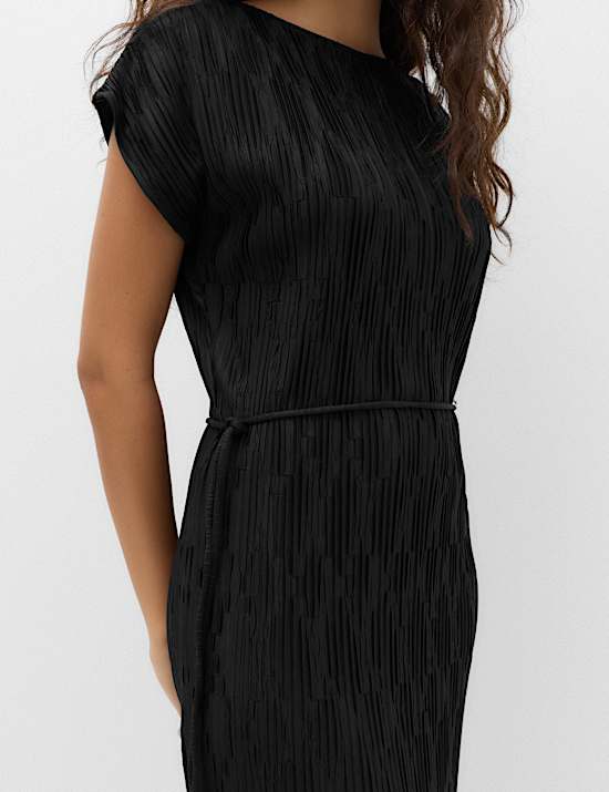 Plisse Tie Waist Midi Column Dress