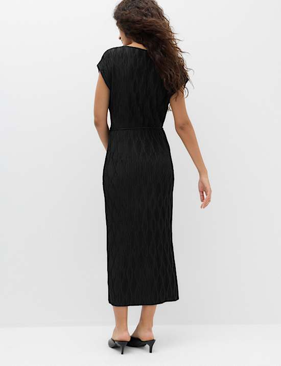 Plisse Tie Waist Midi Column Dress