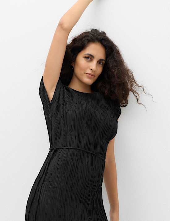 Plisse Tie Waist Midi Column Dress
