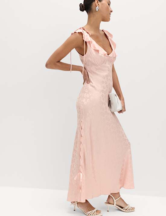 Satin Jacquard Ruffle Detail Dress