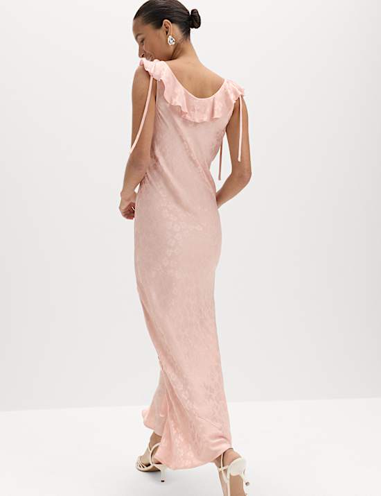 Satin Jacquard Ruffle Detail Dress