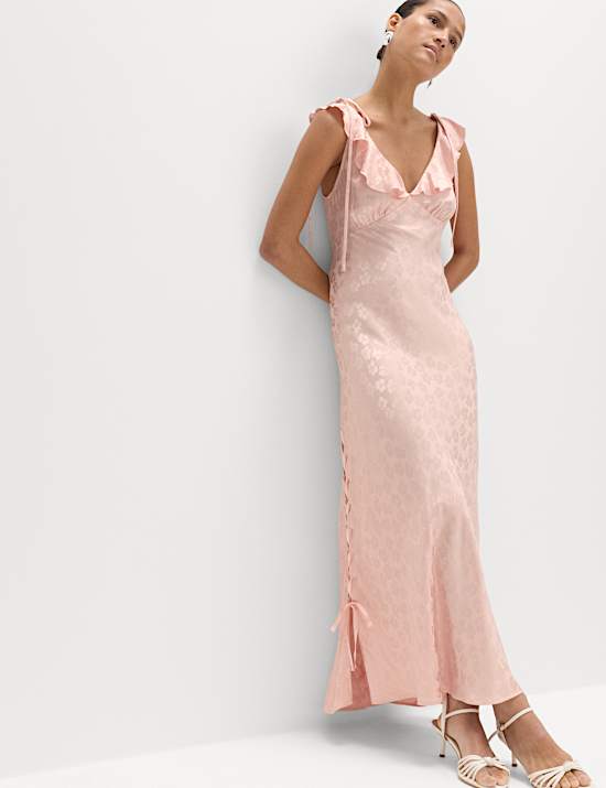 Satin Jacquard Ruffle Detail Dress