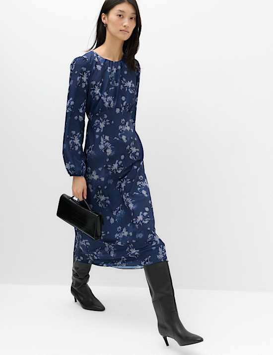 Floral Round Neck Midi Tea Dress