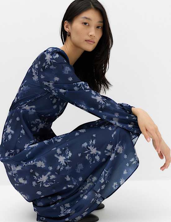Floral Round Neck Midi Tea Dress