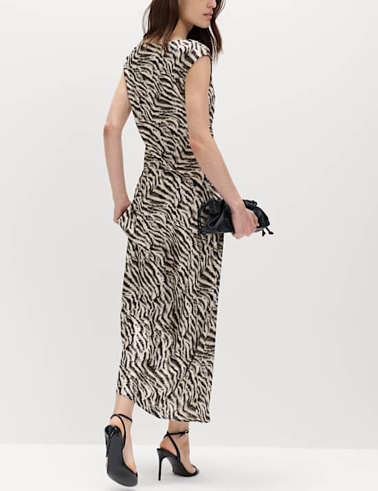 Satin Zebra Print Cowl Neck Midaxi Dress