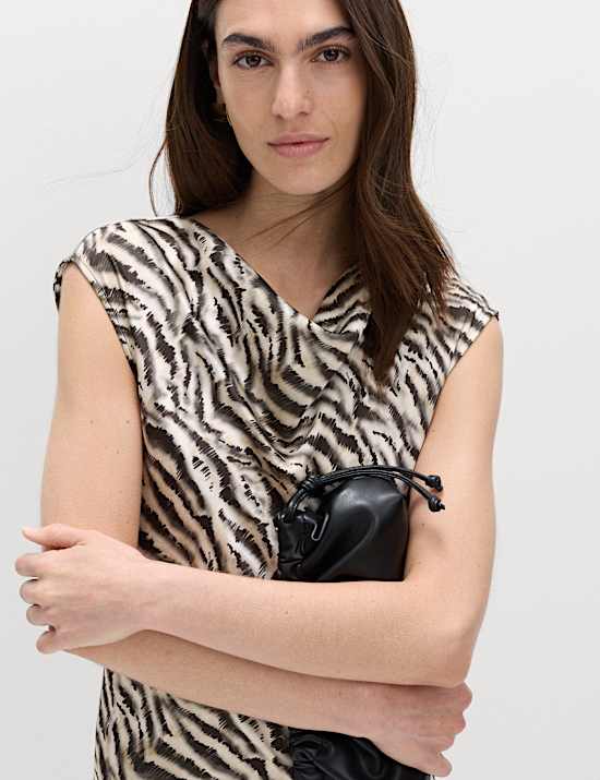 Satin Zebra Print Cowl Neck Midaxi Dress
