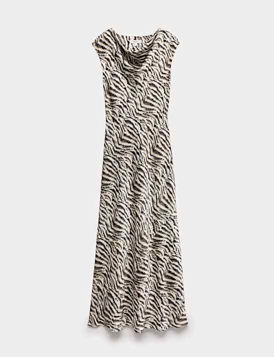 Satin Zebra Print Cowl Neck Midaxi Dress