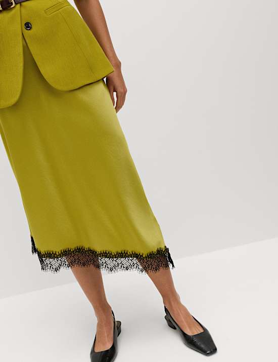 Lace Detail Asymmetric Midi Slip Skirt
