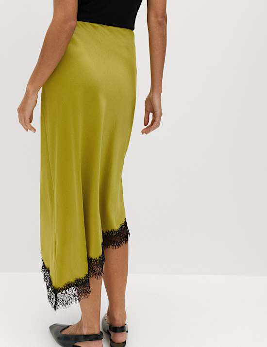 Lace Detail Asymmetric Midi Slip Skirt