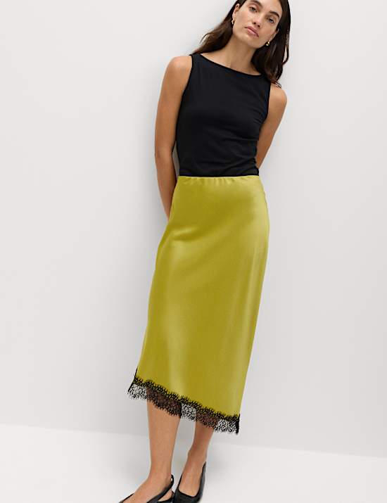 Lace Detail Asymmetric Midi Slip Skirt