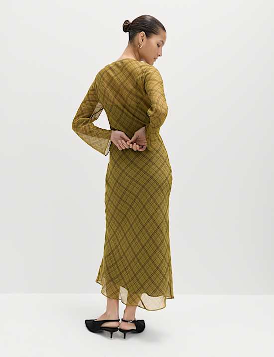 Checked Scoop Neck Long Sleeve Midaxi Column Dress