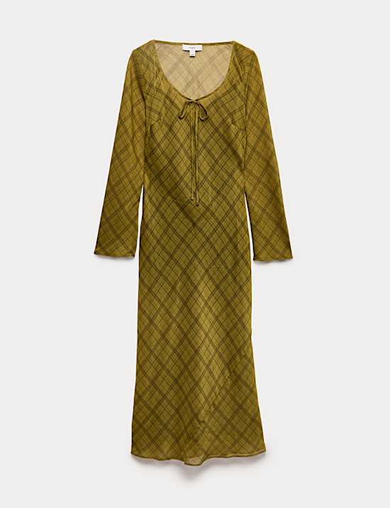 Checked Scoop Neck Long Sleeve Midaxi Column Dress