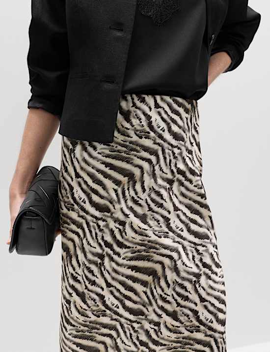 Asymmetrischer Midi-Rock mit Zebraprint und Spitzensaum