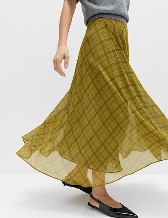 Checked Chiffon Midi A-Line Skirt