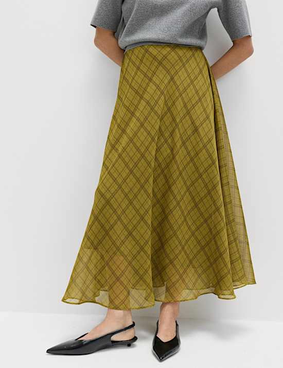 Checked Chiffon Midi A-Line Skirt