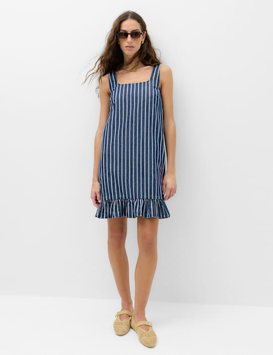 Denim Striped Frill Hem Mini Shift Dress