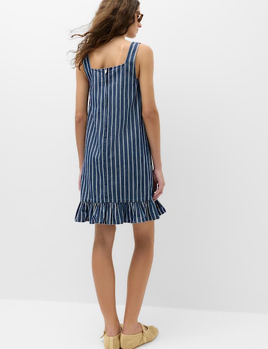Denim Striped Frill Hem Mini Shift Dress