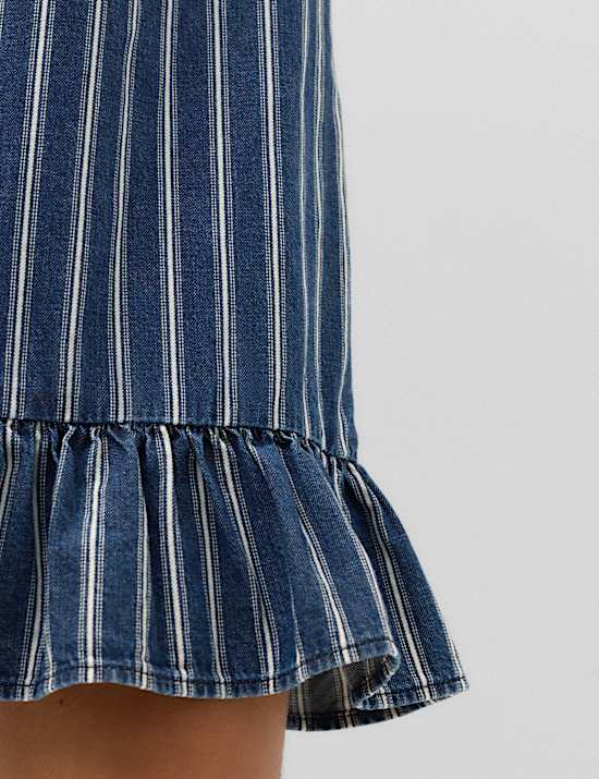 Denim Striped Frill Hem Mini Shift Dress