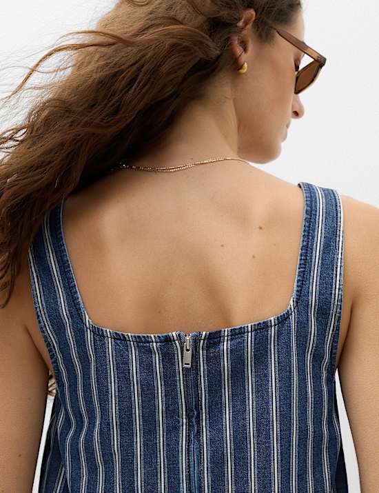 Denim Striped Frill Hem Mini Shift Dress