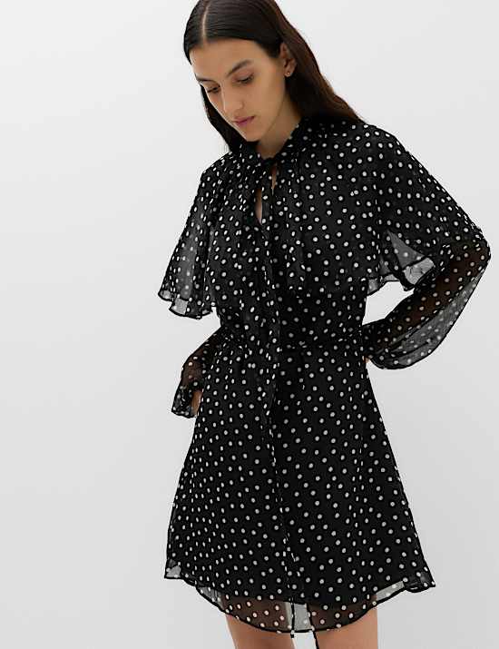 Polka Dot Tie Neck Mini Smock Dress