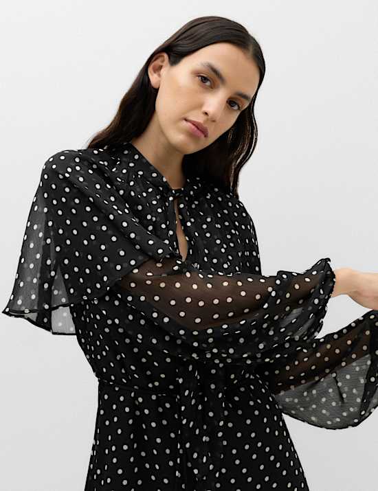 Polka Dot Tie Neck Mini Smock Dress