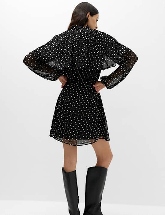 Polka Dot Tie Neck Mini Smock Dress